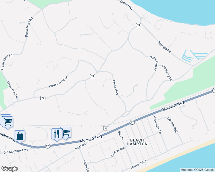 map of restaurants, bars, coffee shops, grocery stores, and more near 19 Devonshire Lane in Amagansett