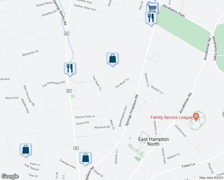 map of restaurants, bars, coffee shops, grocery stores, and more near 27 West Drive North in East Hampton