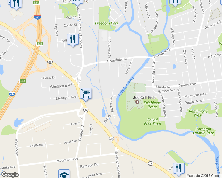 map of restaurants, bars, coffee shops, grocery stores, and more near 51 Harrison Road in Riverdale