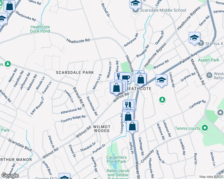 map of restaurants, bars, coffee shops, grocery stores, and more near 71 Abbey Close in Scarsdale