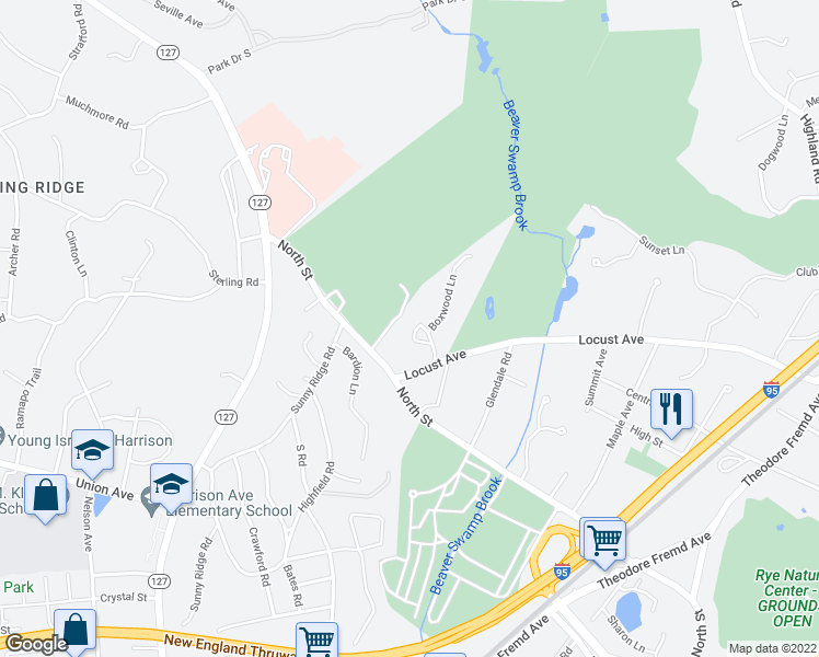 map of restaurants, bars, coffee shops, grocery stores, and more near 5 Boxwood Lane in Harrison