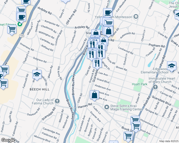 map of restaurants, bars, coffee shops, grocery stores, and more near in Eastchester