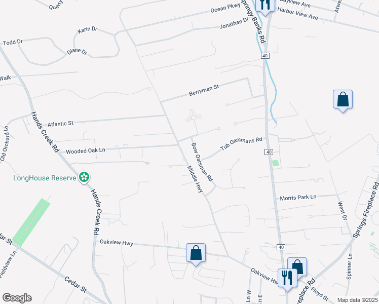 map of restaurants, bars, coffee shops, grocery stores, and more near 86 Bow Oarsman Road in East Hampton