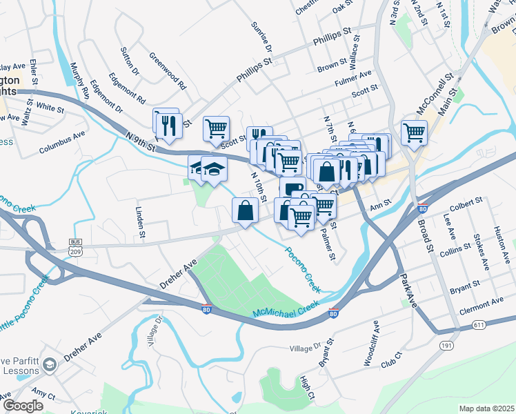 map of restaurants, bars, coffee shops, grocery stores, and more near 19 Elm Street in Stroudsburg