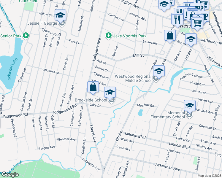 map of restaurants, bars, coffee shops, grocery stores, and more near 65 Euclid Avenue in Westwood