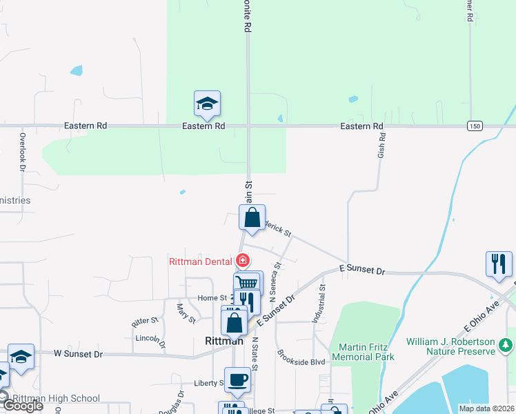 map of restaurants, bars, coffee shops, grocery stores, and more near 414 North Main Street in Rittman