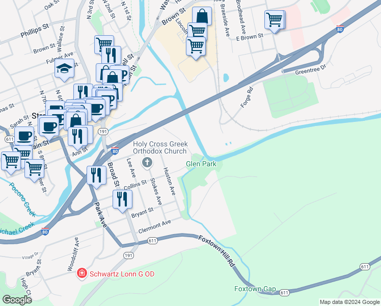 map of restaurants, bars, coffee shops, grocery stores, and more near 223 Collins Street in Stroudsburg