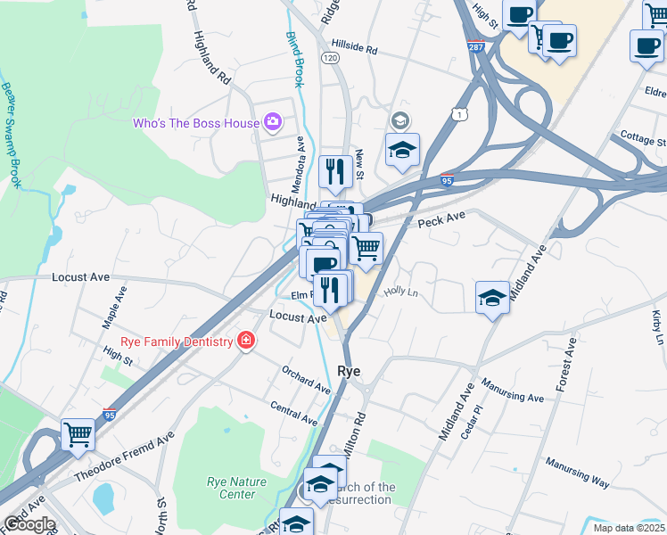 map of restaurants, bars, coffee shops, grocery stores, and more near 85e Purchase Street in Rye