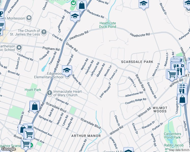 map of restaurants, bars, coffee shops, grocery stores, and more near 257 Madison Road in Scarsdale
