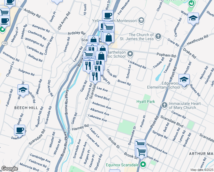 map of restaurants, bars, coffee shops, grocery stores, and more near 44 Brambach Avenue in Scarsdale