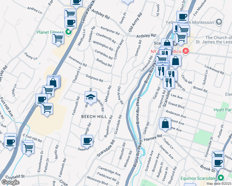 map of restaurants, bars, coffee shops, grocery stores, and more near 41 Greenville Road in Yonkers
