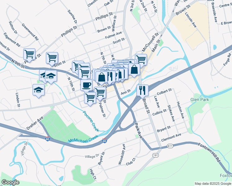 map of restaurants, bars, coffee shops, grocery stores, and more near 20 South 7th Street in Stroudsburg