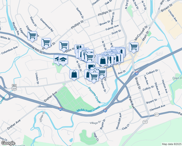 map of restaurants, bars, coffee shops, grocery stores, and more near in Stroudsburg