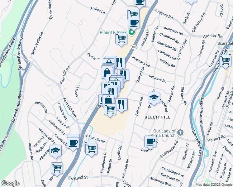 map of restaurants, bars, coffee shops, grocery stores, and more near 2588 Central Park Avenue in Yonkers