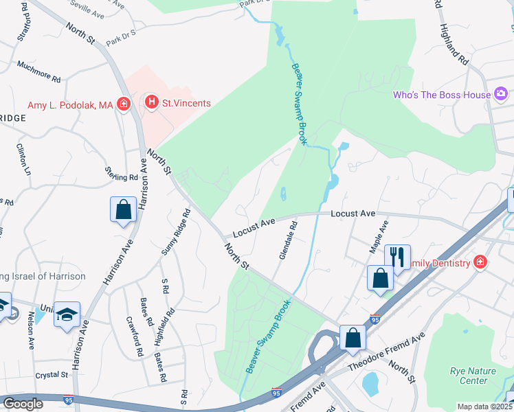 map of restaurants, bars, coffee shops, grocery stores, and more near 8 Boxwood Lane in Rye