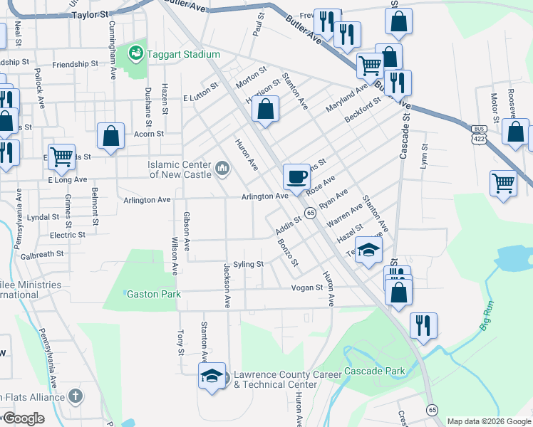 map of restaurants, bars, coffee shops, grocery stores, and more near 813 Bonzo Street in New Castle