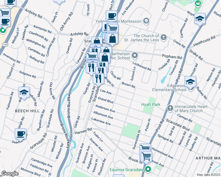 map of restaurants, bars, coffee shops, grocery stores, and more near 44 Brambach Avenue in Scarsdale