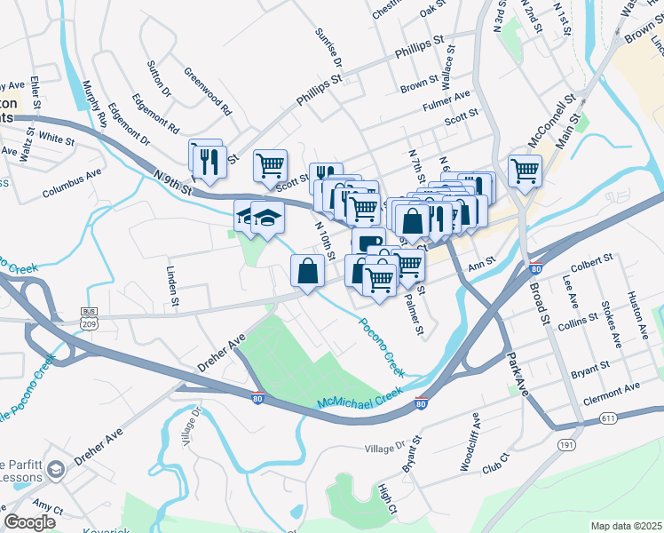 map of restaurants, bars, coffee shops, grocery stores, and more near 13 North 10th Street in Stroudsburg