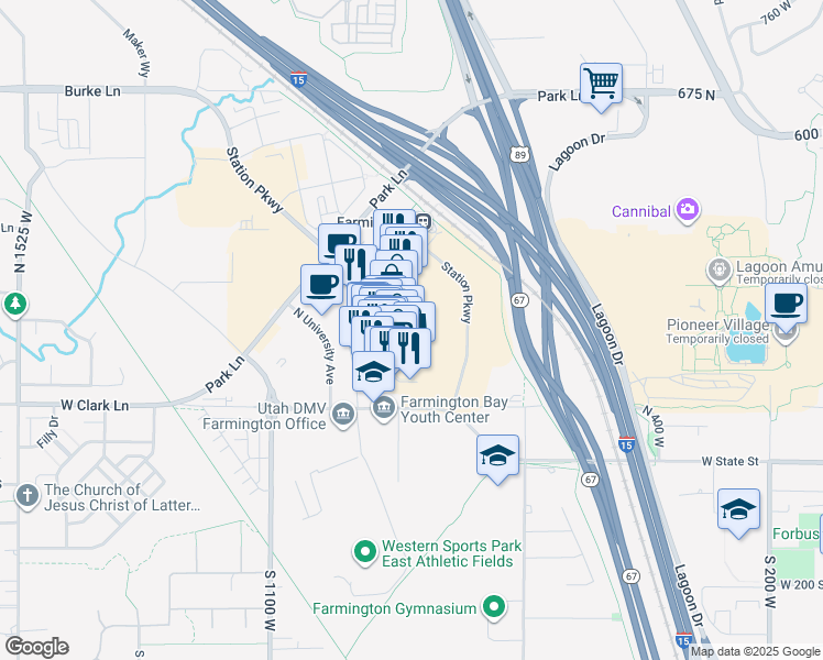 map of restaurants, bars, coffee shops, grocery stores, and more near 220 Central Avenue in Farmington