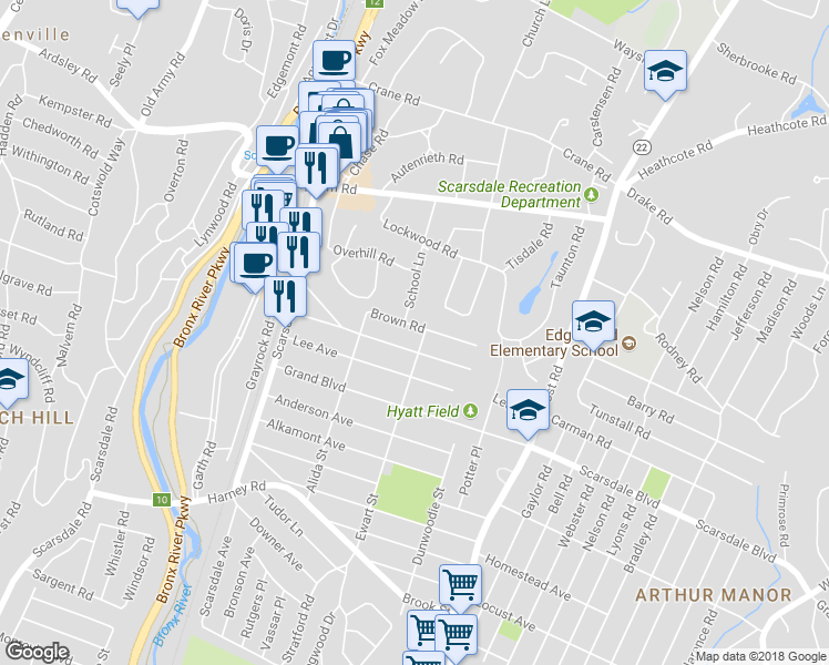 map of restaurants, bars, coffee shops, grocery stores, and more near 102 Brown Road in Scarsdale