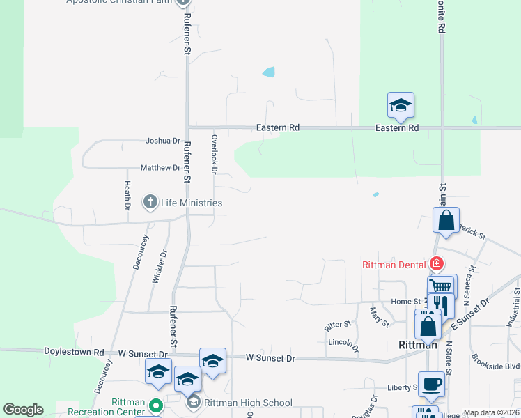 map of restaurants, bars, coffee shops, grocery stores, and more near 327 Overlook Drive in Rittman