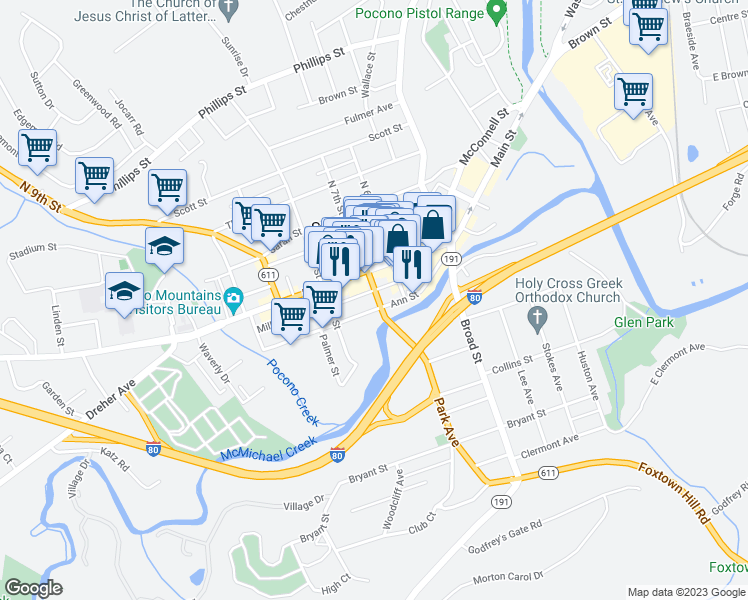 map of restaurants, bars, coffee shops, grocery stores, and more near 27 South 7th Street in Stroudsburg