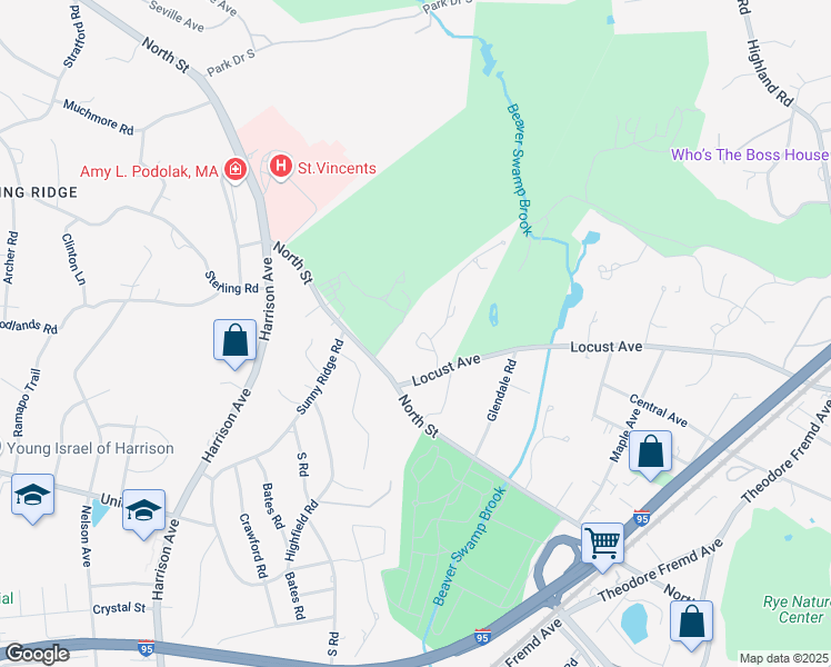 map of restaurants, bars, coffee shops, grocery stores, and more near 5 Boxwood Lane in Harrison