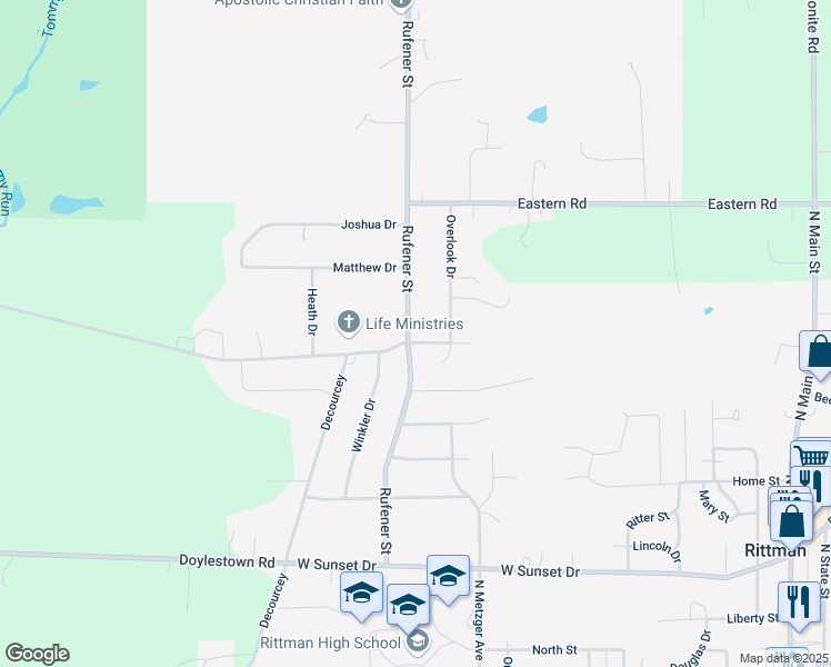 map of restaurants, bars, coffee shops, grocery stores, and more near 449 Rufener Street in Rittman