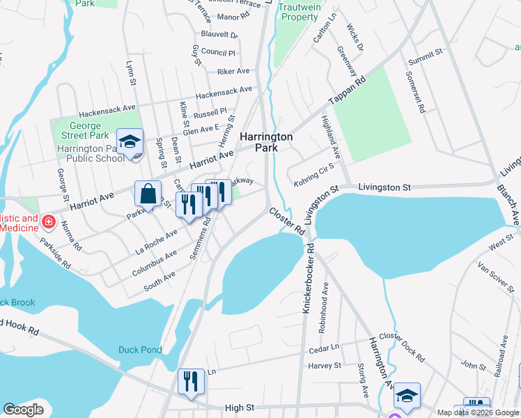 map of restaurants, bars, coffee shops, grocery stores, and more near 162 Schraalenburgh Road in Harrington Park