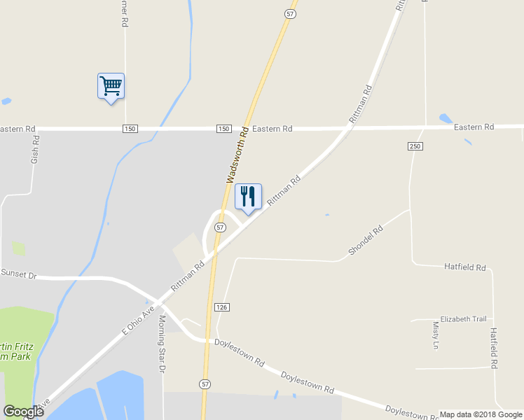 map of restaurants, bars, coffee shops, grocery stores, and more near 15463 Rittman Road in Rittman