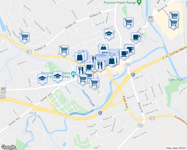 map of restaurants, bars, coffee shops, grocery stores, and more near 805 Main Street in Stroudsburg
