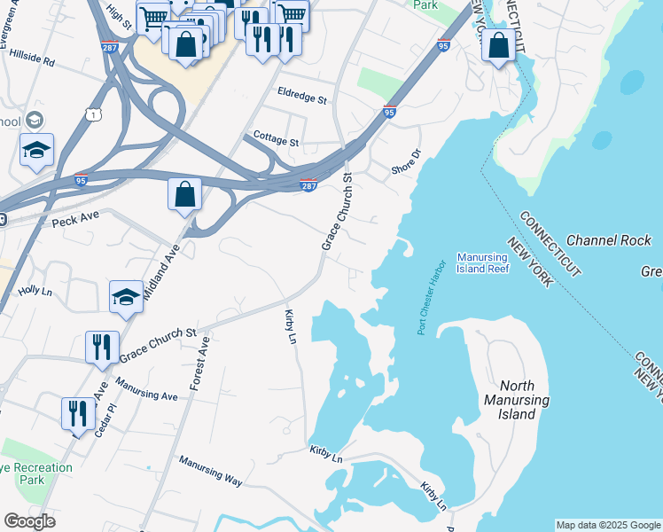 map of restaurants, bars, coffee shops, grocery stores, and more near 6 Guion Road in Rye