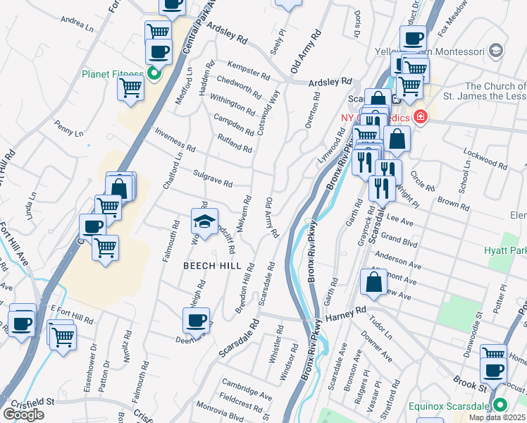 map of restaurants, bars, coffee shops, grocery stores, and more near 41 Greenville Road in Yonkers