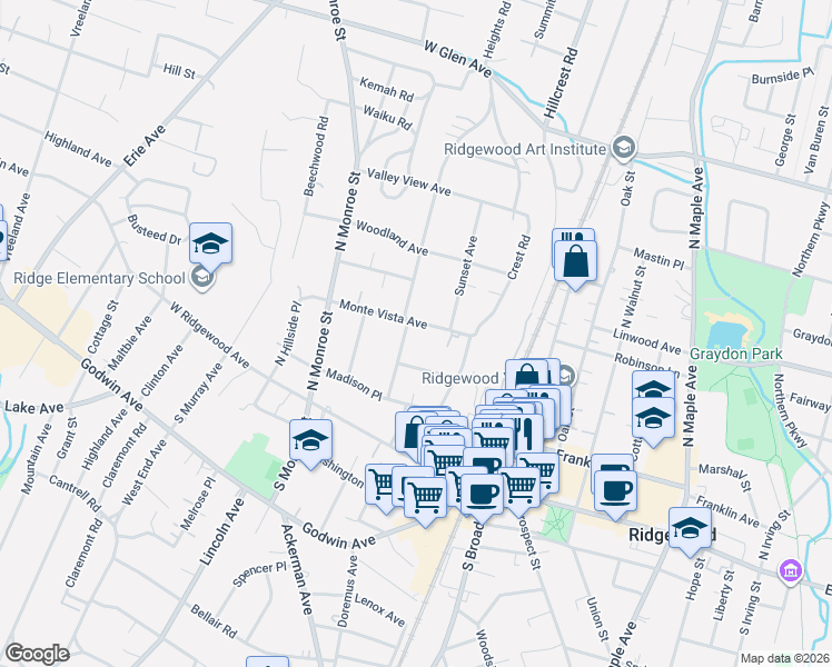 map of restaurants, bars, coffee shops, grocery stores, and more near 70 Monte Vista Avenue in Ridgewood
