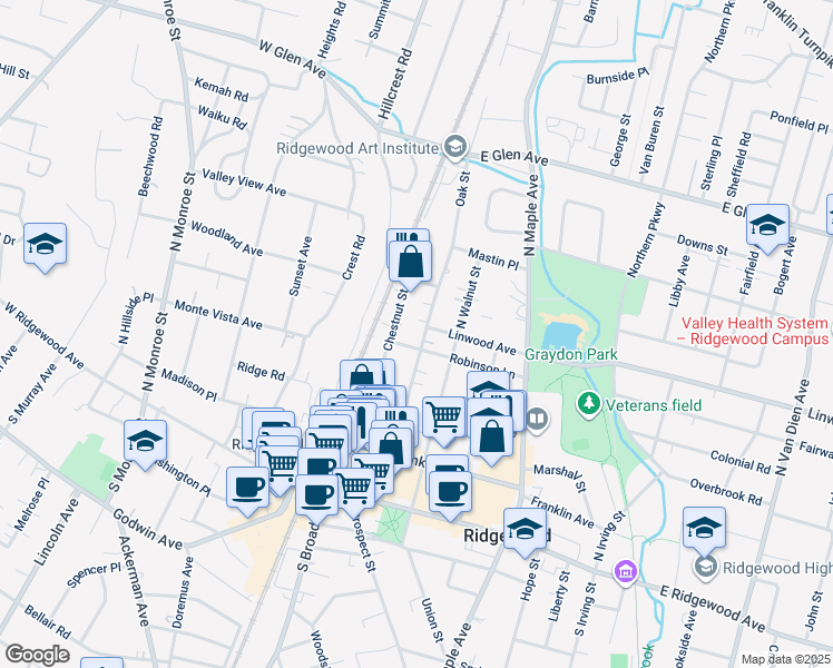 map of restaurants, bars, coffee shops, grocery stores, and more near 170 Oak Street in Ridgewood