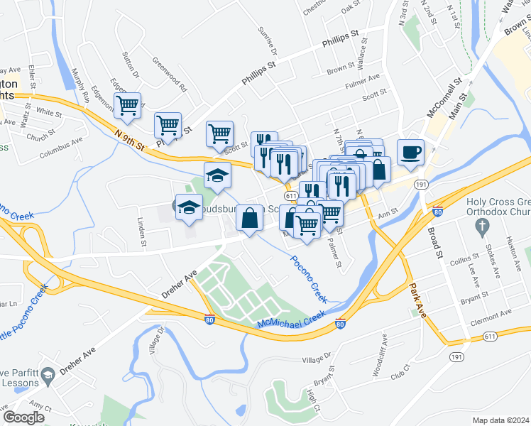 map of restaurants, bars, coffee shops, grocery stores, and more near 15 North 10th Street in Stroudsburg