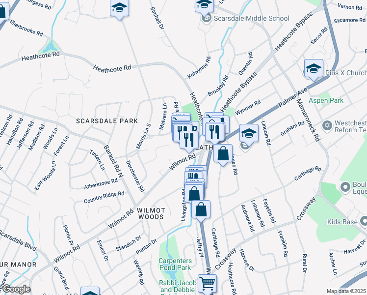 map of restaurants, bars, coffee shops, grocery stores, and more near 1078 Wilmot Road in Scarsdale