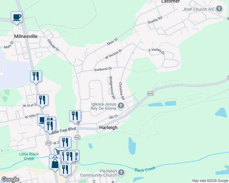 map of restaurants, bars, coffee shops, grocery stores, and more near 2137 Wedgewood Road in Luzerne County
