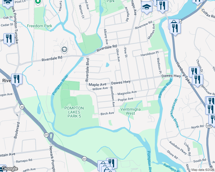 map of restaurants, bars, coffee shops, grocery stores, and more near 700 Dawes Highway in Pompton Lakes
