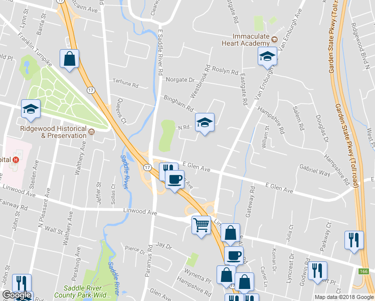 map of restaurants, bars, coffee shops, grocery stores, and more near 423 Quackenbush Place in Ridgewood