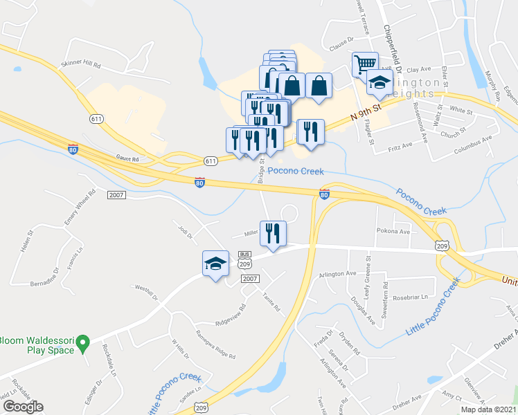 map of restaurants, bars, coffee shops, grocery stores, and more near 65 Bridge Street in Stroudsburg