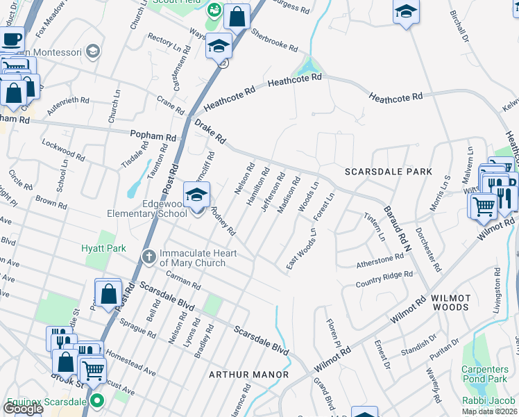 map of restaurants, bars, coffee shops, grocery stores, and more near 25 Jefferson Road in Scarsdale