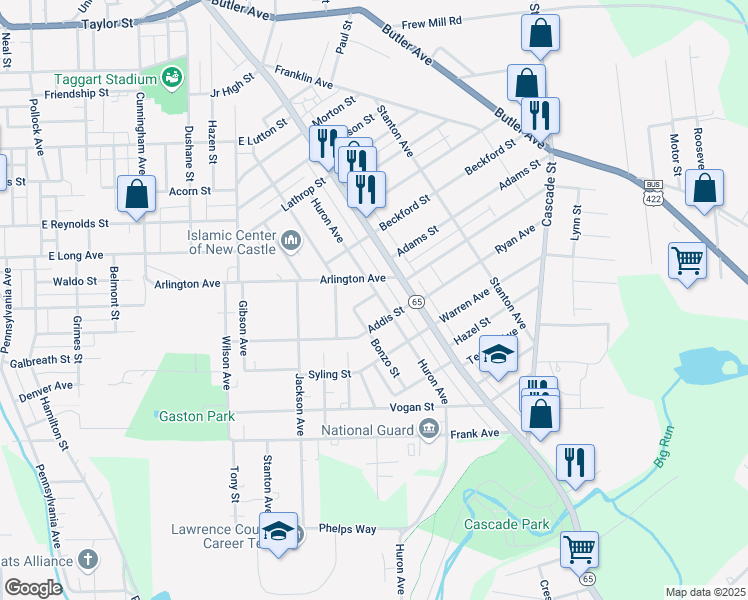 map of restaurants, bars, coffee shops, grocery stores, and more near 1413 Huron Avenue in New Castle