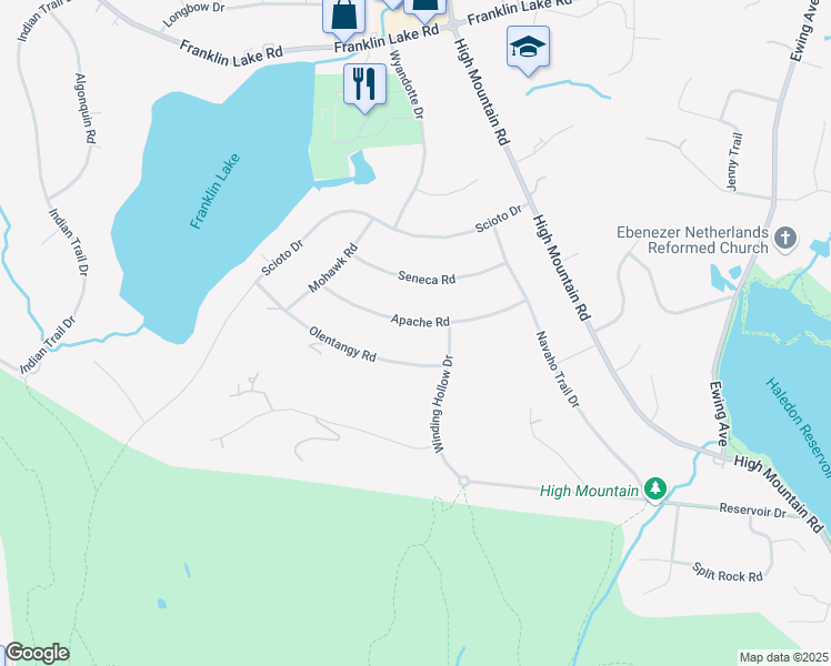 map of restaurants, bars, coffee shops, grocery stores, and more near 864 Apache Rd in Franklin Lakes