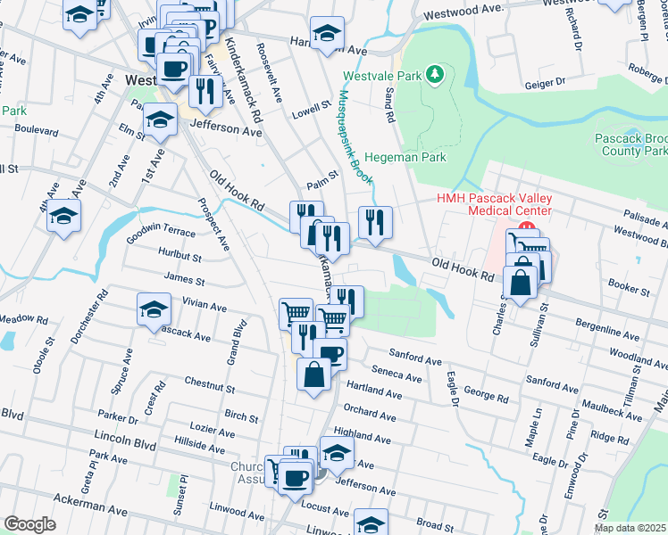 map of restaurants, bars, coffee shops, grocery stores, and more near 80 Kingsberry Avenue in Westwood