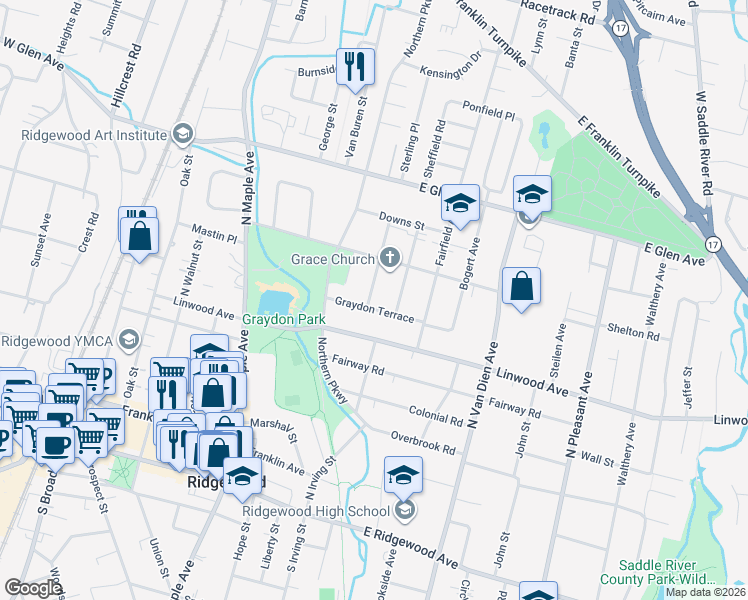 map of restaurants, bars, coffee shops, grocery stores, and more near 323 Graydon Terrace in Ridgewood