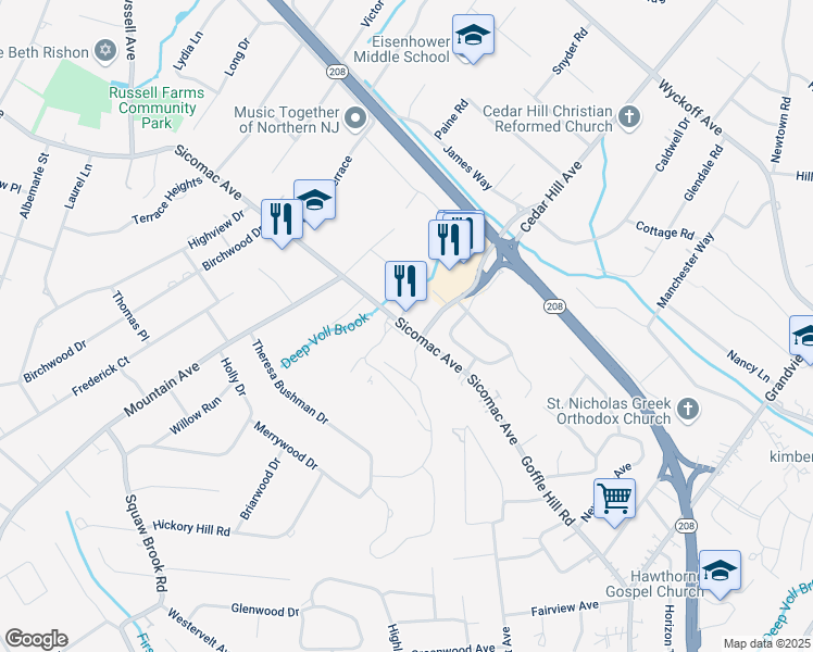 map of restaurants, bars, coffee shops, grocery stores, and more near 301 Sicomac Avenue in Wyckoff