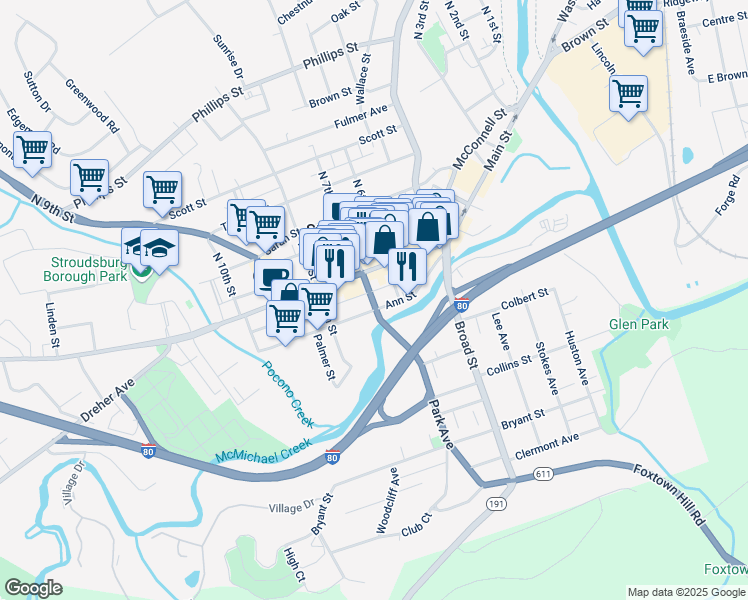 map of restaurants, bars, coffee shops, grocery stores, and more near 20 South 7th Street in Stroudsburg