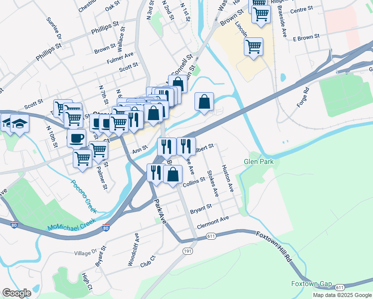 map of restaurants, bars, coffee shops, grocery stores, and more near 330 Colbert Street in Stroudsburg