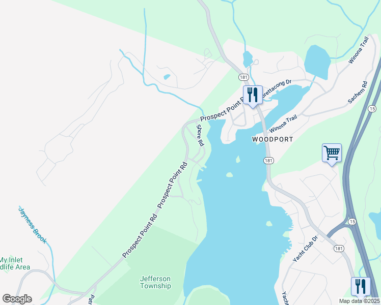 map of restaurants, bars, coffee shops, grocery stores, and more near 261 Prospect Point Road in Jefferson
